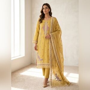 Yellow Embroidered 3 Piece Suit - Karandi With Net Dupatta- Spring Floral Dress